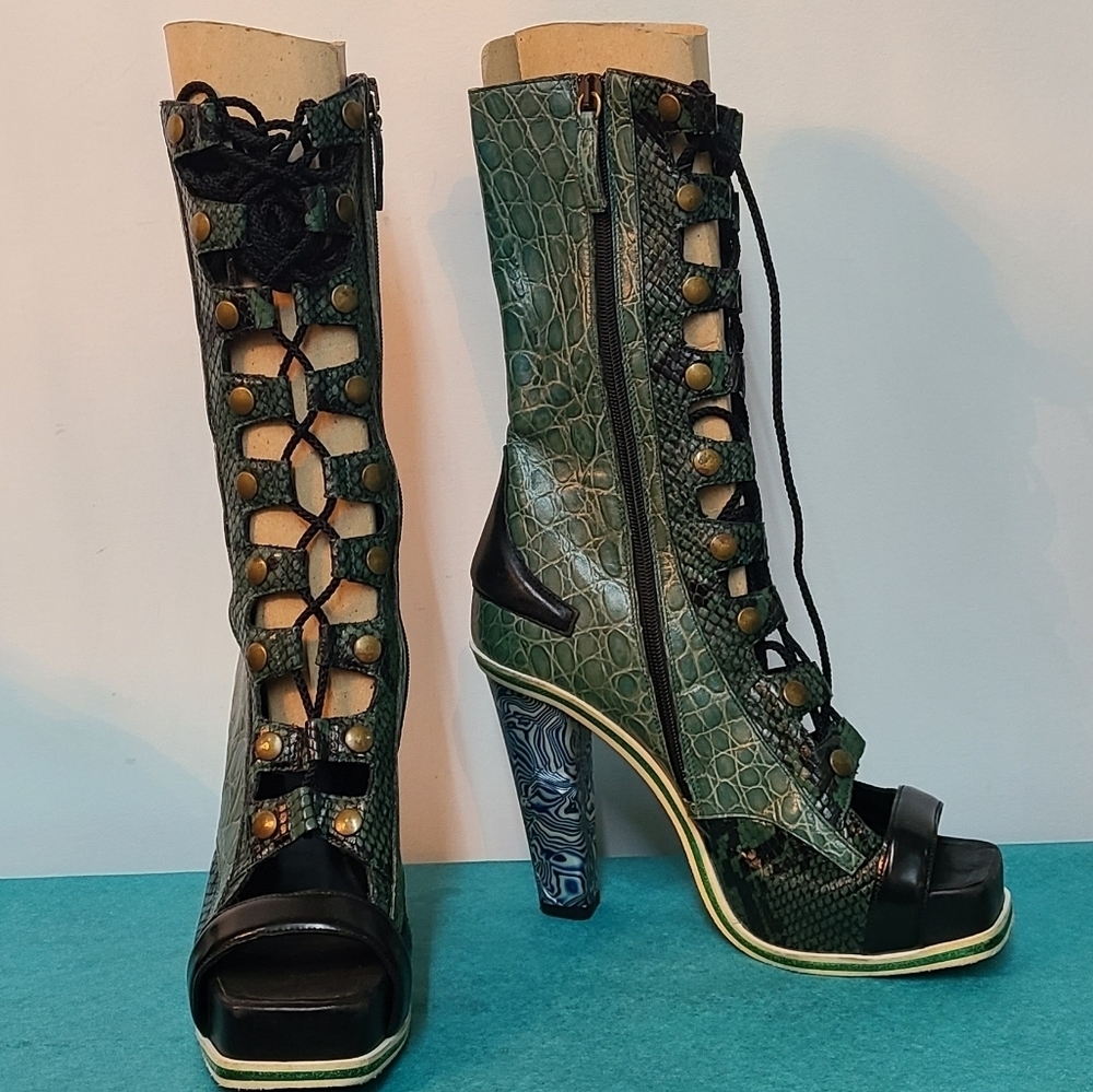 Rodarte Embossed Crocodile Lucite Heel Lace Up Boots Size European 38
